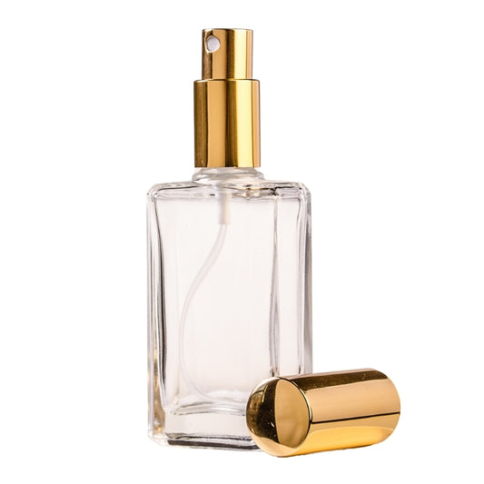 60ml Clear Glass Square Perfume Bottle with Gold Spray & Gold Cap (18/410)
