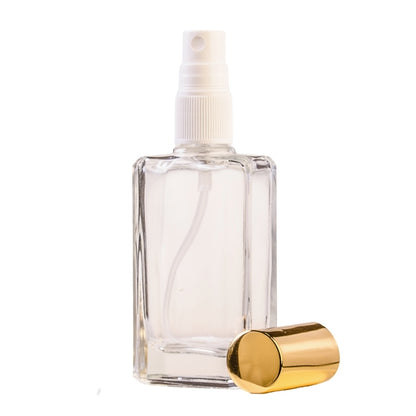 60ml Clear Glass Square Perfume Bottle with White Spray & Gold Cap (18/410)
