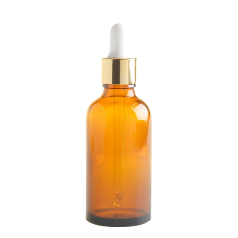 50ml Amber Glass Aromatherapy Bottle with Pipette - White & Gold Collar (18/89) - Essentially Natural