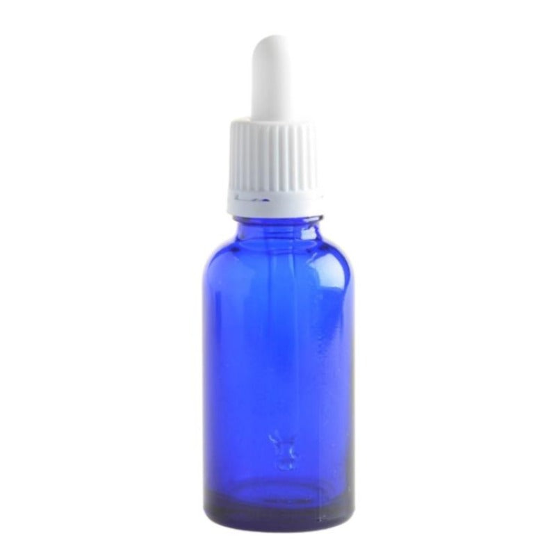 30ml Blue Glass Aromatherapy Bottle with Pipette - White (18/78) - Essentially Natural