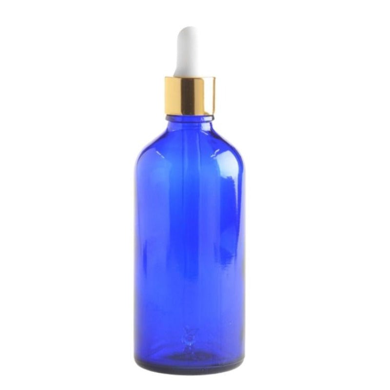 100ml Blue Glass Aromatherapy Bottle with Pipette - White Gold Collar (18/110) - Essentially Natural
