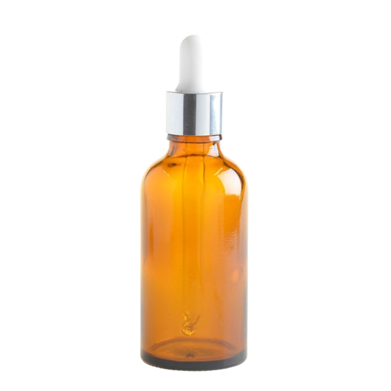 50ml Amber Glass Aromatherapy Bottle with Pipette - White & Silver Collar (18/89) - Essentially Natural
