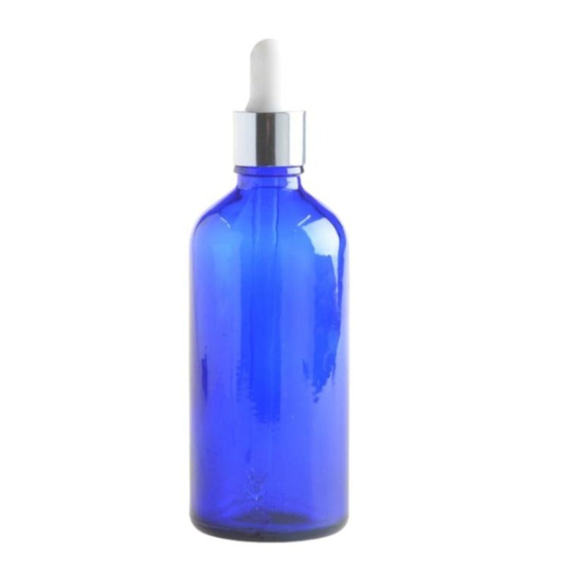 100ml Blue Glass Aromatherapy Bottle with Pipette - White & Silver Collar (18/110) - Essentially Natural