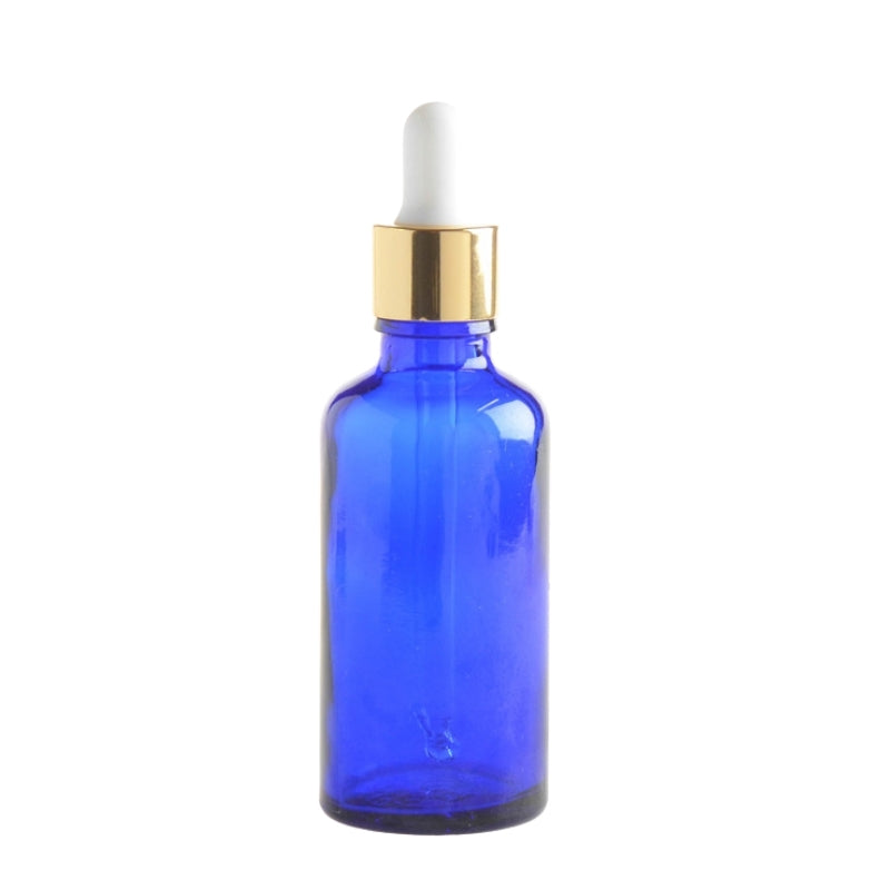 50ml Blue Glass Aromatherapy Bottle with Pipette - White & Gold Collar (18/89) - Essentially Natural