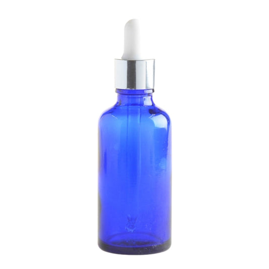 50ml Blue Glass Aromatherapy Bottle with Pipette - White & Silver Collar (18/89) - Essentially Natural