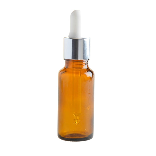 20ml Amber Glass Aromatherapy Bottle with Pipette - White & Silver Collar (18/69) - Essentially Natural