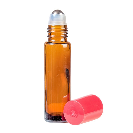 10ml Amber Glass Roll On Bottle with Red Cap & Metal Ball