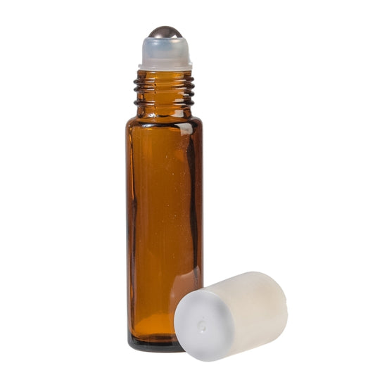 10ml Amber Glass Roll On Bottle with White Cap & Metal Ball