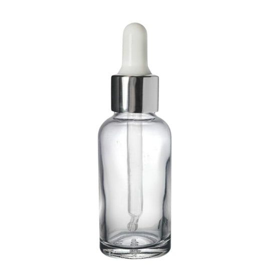 30ml Clear Glass Aromatherapy Bottle With Pipette - White & Silver Collar (18/78)