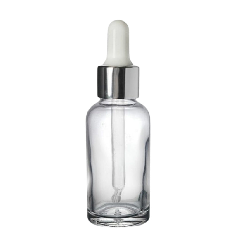 50ml Clear Glass Aromatherapy Bottle with Pipette - White & Silver Collar (18/89)