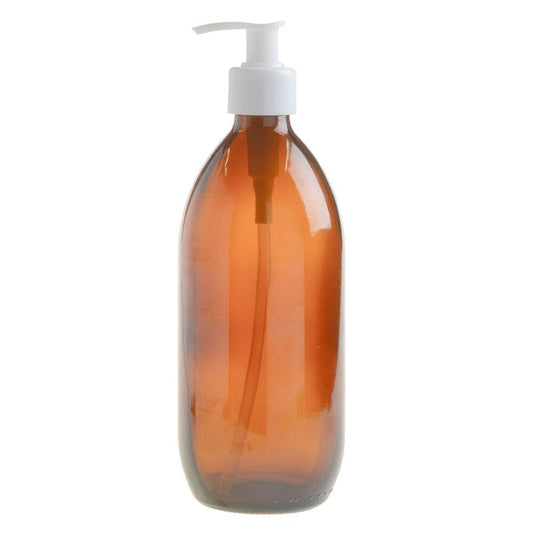 500ml Amber Glass Generic Bottle with Pump Dispenser - White (28/410) - Essentially Natural