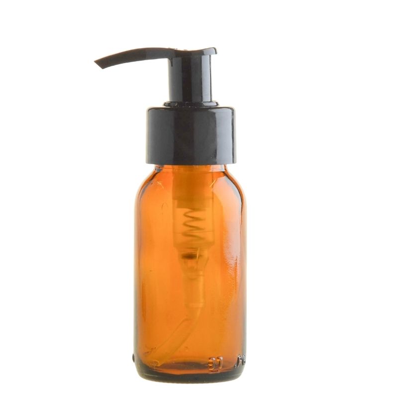 50ml Amber Glass Generic Bottle with Pump Dispenser - Black (28/410) - Essentially Natural